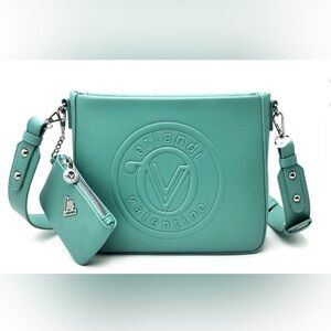 Valentino Orlandi Embossed Teal Vegan Leather Crossbody Bag 85"Hx 10"Wx3…